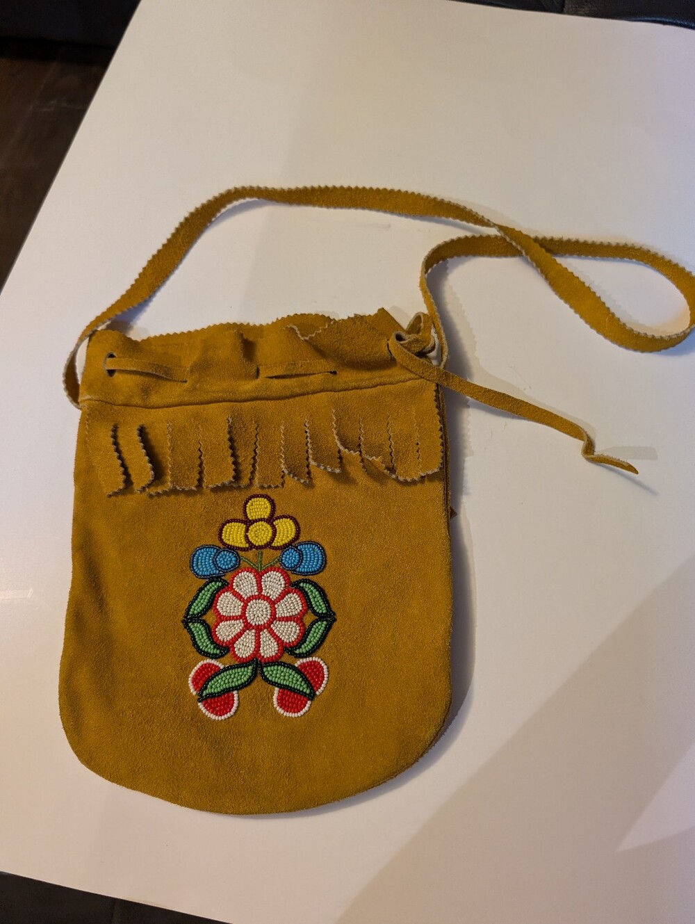 Vintage Indigenous Beaded Leather Bag Floral Hide Pouch First Nations Native